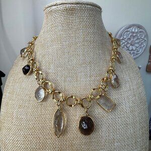 Gold Tone Chain Necklace W/ Faceted Stone Charms & Hook Closure
